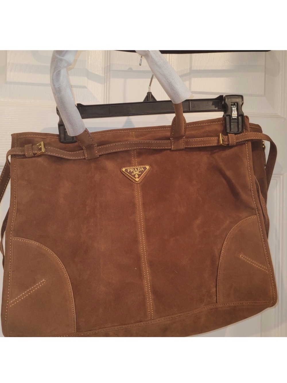 Prada Brown Suede Briefcase Tote with Gold Logo